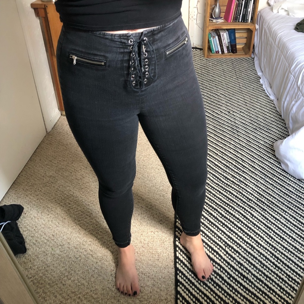 lace up black skinny jeans